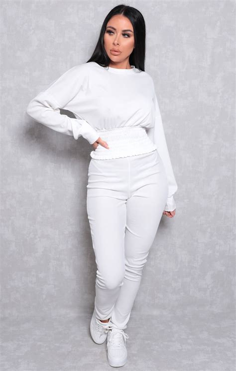 White Ribbed Shrilled Waist Loungewear Set | Loungewear | Femme Luxe UK