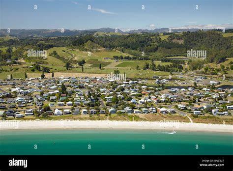 Cooks Beach, Coromandel Peninsula, North Island, New Zealand - aerial ...