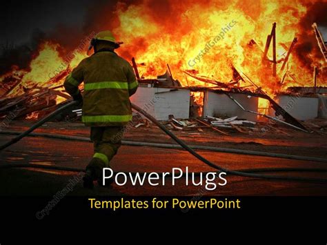 PowerPoint Template: Silhouette of a firefighter at a fire scene with burning buildings (12303)