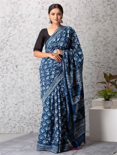 Buy Indigo Hand Block Printed Cotton Mul Saree | MAY_DP_SRC_15/MYE2 ...