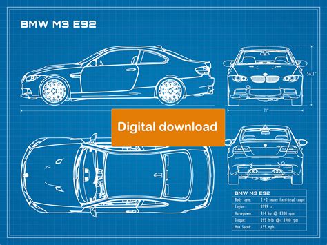 BMW M3 E92 Blueprint Poster 18x24 JPEG Image File - Etsy