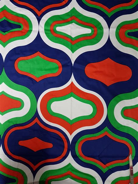 Vintage 70s Retro Geometric Print Fabric bold colours of Navy, Red, Green and White Curtain ...