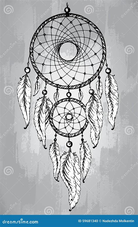 Dream Catcher with Feathers, in Line Art Style. Stock Vector ...