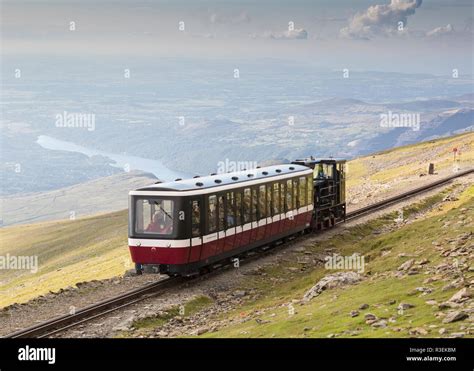 Snowdon Mountain Railway train, summit of Snowdon, Snowdonia National ...