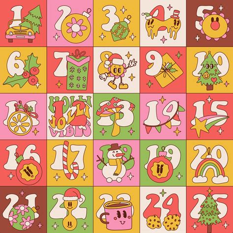 Groovy Christmas advent calendar square template. Trippy hippy retro holiday season decoration ...