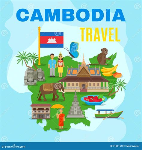 Cambodia Cultural Travel Map Flat Poster Stock Vector - Illustration of ...