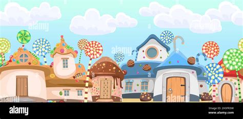 Candy town. Sweet caramel fairy house. Summer cute landscape. Seamless horizontal Illustration ...