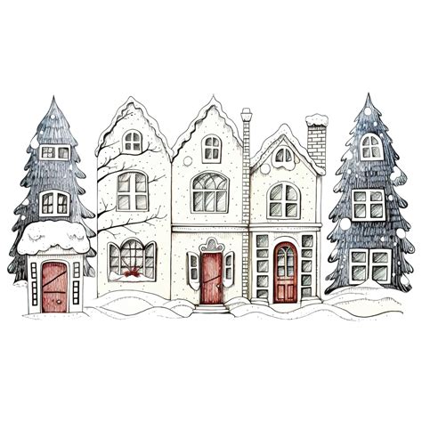 Illustration Of Houses Christmas Greeting Card Set Of Hand Drawn ...