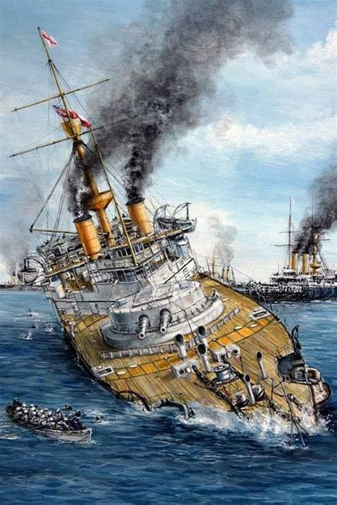 HMS Victoria sinking after collision with HMS Camperdown, 1893. Art by Lukasz Kasperczyk ...