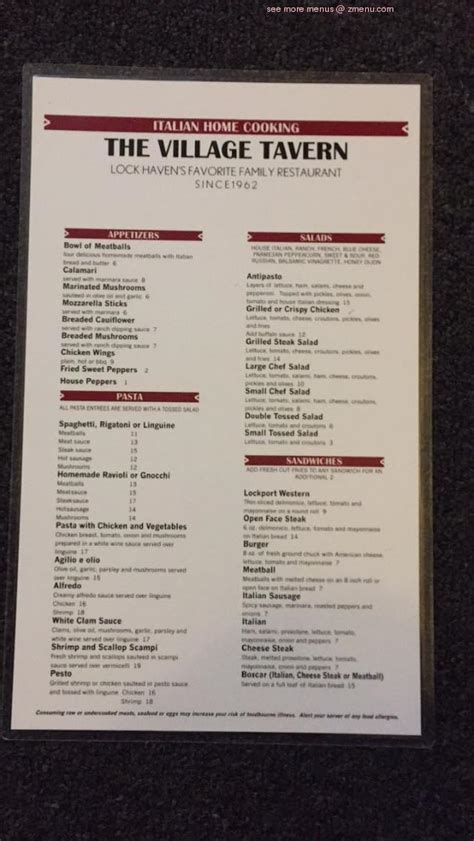 Menu at Village Tavern restaurant, Lock Haven