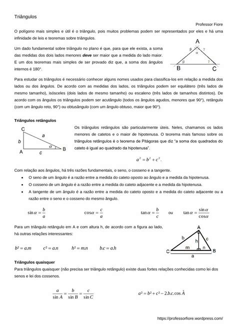 (PDF) Triângulos - · PDF fileO cosseno de um ângulo é a razão entre a medida do cateto adjacente ...