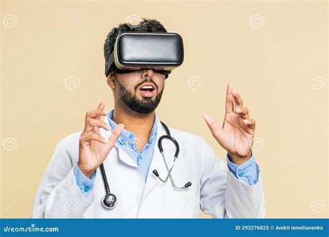 Excited Doctor in VR Goggles Man Using Headset Helmet App, Watching Virtual Reality 3D 360 Video ...