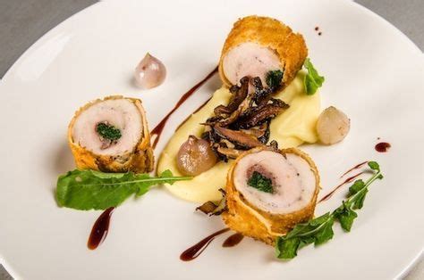 chicken-roulade, wrapped in crust with potato purée, cranberry jus, roquette, And where will the ...