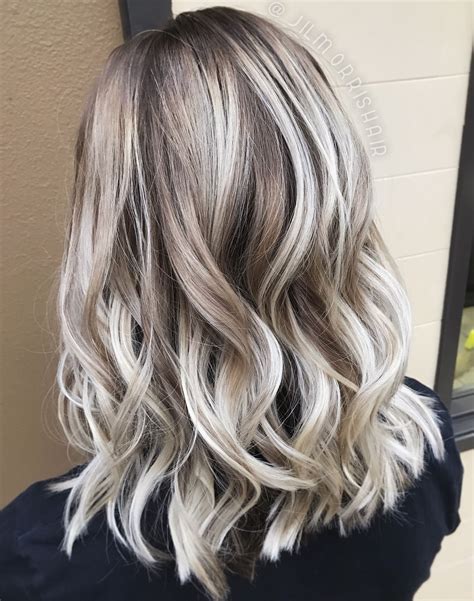 White ash blonde balayage, shadow root, curls in a textured lob, holiday hair | Ash blonde ...