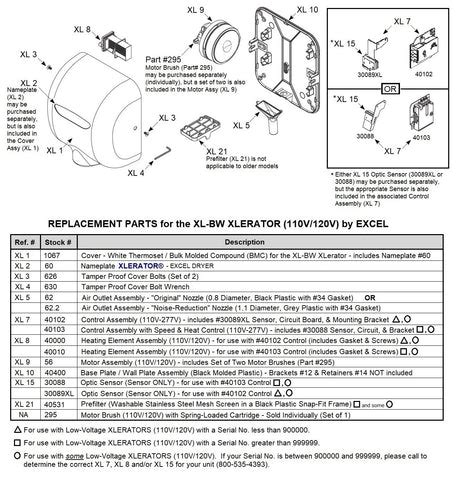 REPLACEMENT PARTS for the Excel XL-BW (110V/120V) XLERATOR Hand Dryer ...