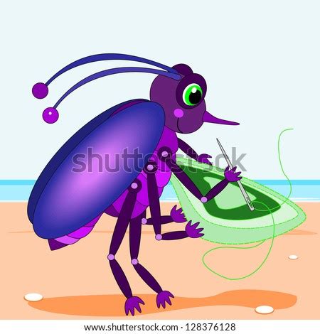 Bug Sewing A Rug. A Cartoon Bug Is Sewing A Rug By The Sea. Stock Photo 128376128 : Shutterstock