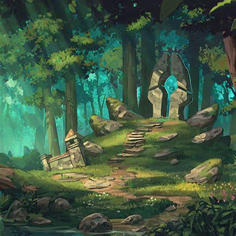 a painting of a forest with rocks and trees