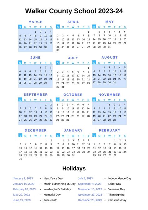 Walker County Schools Calendar 2023-24 with Holidays