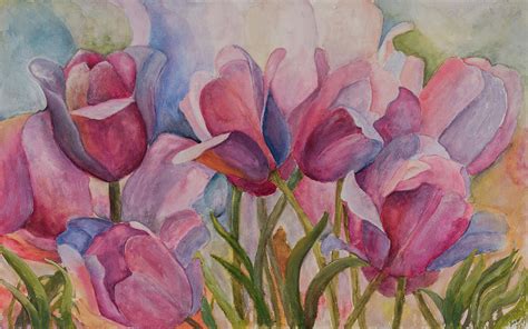 Blue and Pink Tulips Painting by Nadine Button | Fine Art America