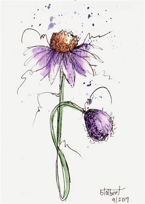 Oeuvre originale de fleur joli cône avec un seul bourgeon violet rendu en plume encre et ...