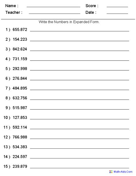 Expanded Form With Decimals Worksheets