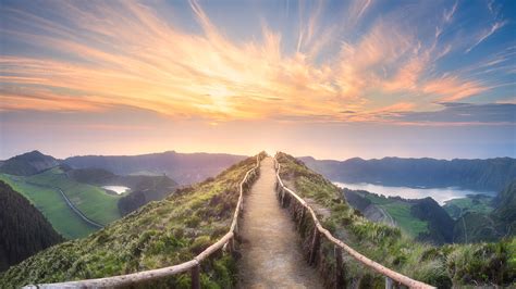 Mountain landscape with hiking trail and lakes Ponta Delgada, São ...