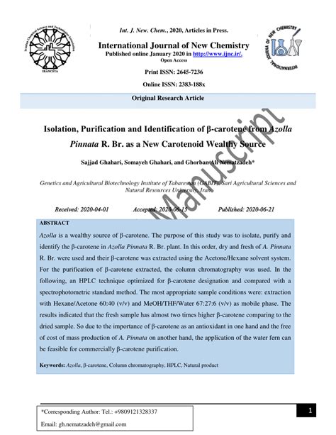 (PDF) Isolation, Purification and Identification of β-carotene from Azolla Pinnata R. Br. as a ...