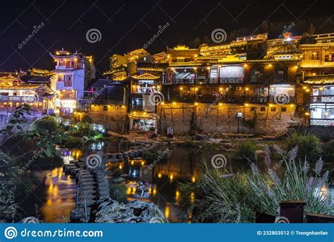 Furong Ancient Town Illuminated at Night. Amazing Beautiful Landscape ...