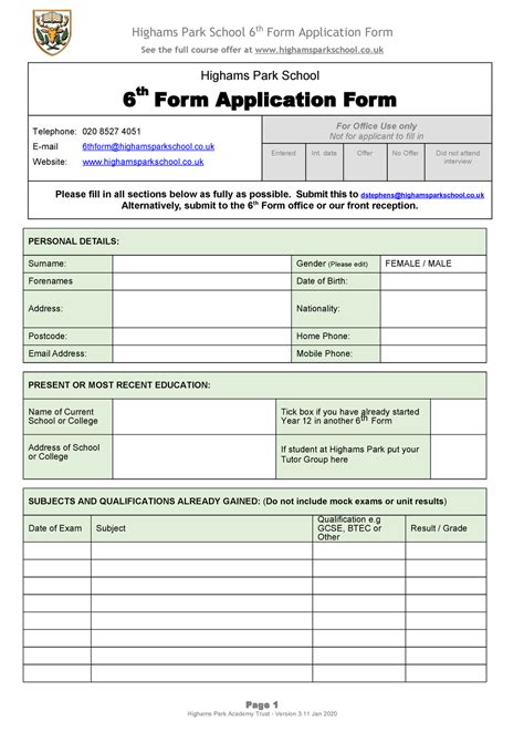 2021 6th Form Application Form - Highams Park School 6 th Form Application Form Telephone: 020 ...