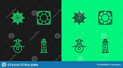 Set Line Lighthouse, Submarine, Ship Steering Wheel and Lifebuoy Icon. Vector Stock Vector ...