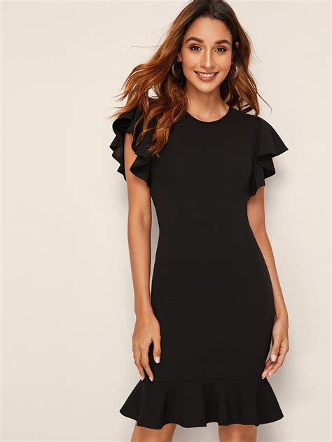 Butterfly Sleeve Ruffle Hem Bodycon Dress | SHEIN USA