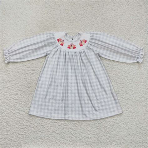 GLD0357 smocked embroidered pink turkey plaid long sleeve dress – sunshine kids clothes