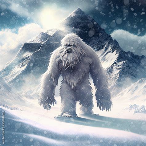 Yeti in the snow covered Himalaya mountains, mysterious furry creature ...