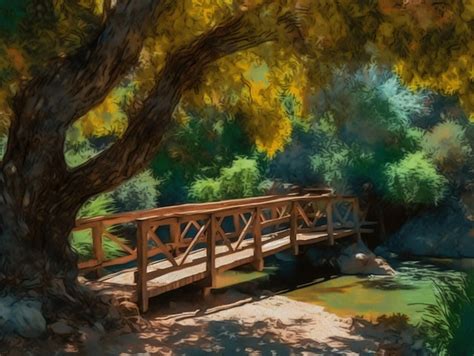 Premium AI Image | A painting of a bridge over a creek with a tree in the foreground.