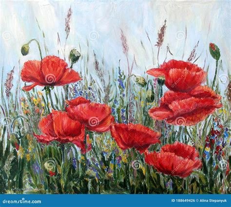 Picture - `Garden Poppies`. Painting - Oil, Canvas Stock Illustration ...