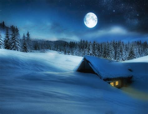 Winter Night Cabin HD Wallpaper by Maria Micaela