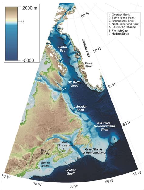 Map of Canadian Atlantic Shelf showing the shaded bathymetry of the ...