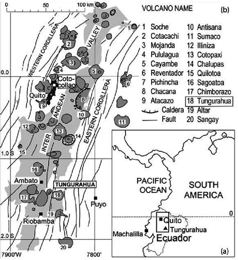 Map of Tungurahua Volcano within the Ecuadorian volcanic arc. (a) Inset ...