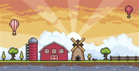 Premium Vector | Pixel art farm landscape at sunset with barn, silo ...