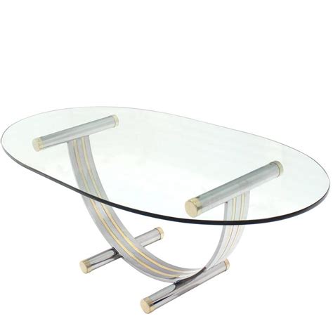 Large Oval Glass Brass Chrome Dining Conference Table, Mid-Century at 1stDibs