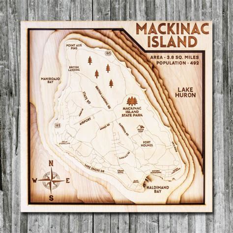 Mackinac Island, MI (Lake Huron) Wood Map | 3D Wood Chart