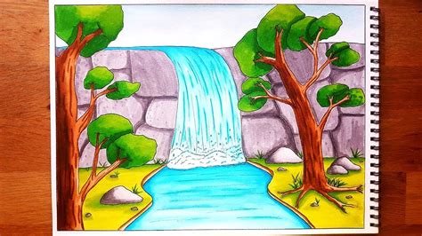 How to Draw A Waterfall Stream Scenery for Beginners| Step By Step ...