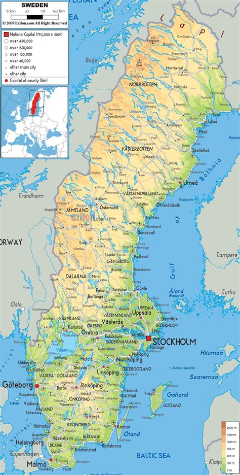 Large physical map of Sweden with roads, cities and airports | Sweden ...