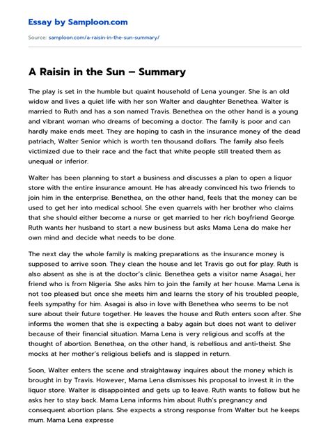 A Raisin in the Sun - Summary Free Essay Sample on Samploon.com