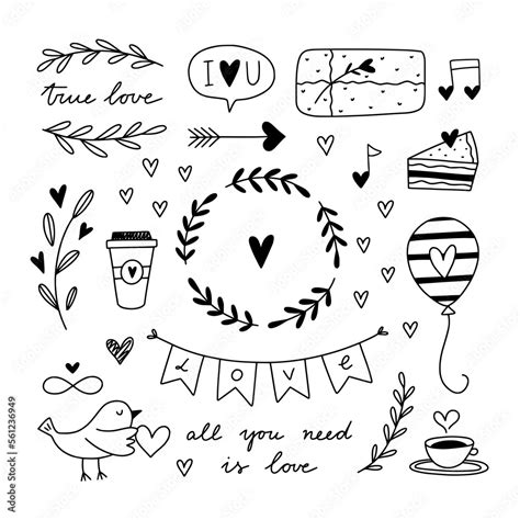 Cute love theme vector illustrations. Hand drawn love doodles Stock Vector | Adobe Stock