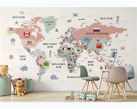 Kids Colorful World Map with Flags Map Wallpaper Mural • Wallmur®