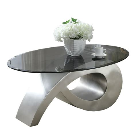 Oval Glass Coffee Table with Unique Metal Base, Black and Silver ...