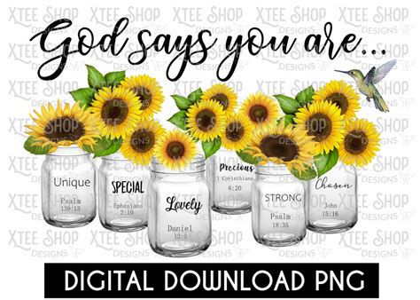 God Says You Are PNG Digital File, Sunflower Mason Jar PNG Digital File, Bible Verse PNG for ...