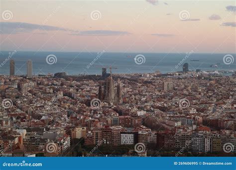 Aerial View of the Barcelona Cityscape with a Colorful Sky in the Background Stock Image - Image ...