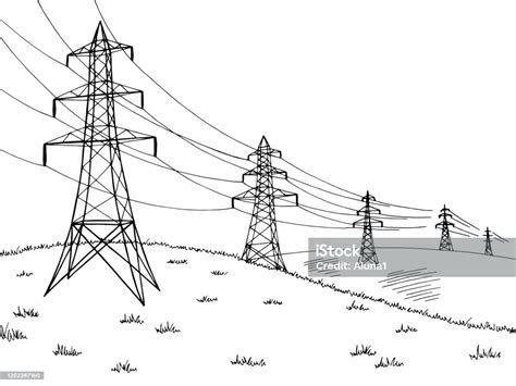 Power Line Graphic Black White Landscape Sketch Illustration Vector Stock Illustration ...